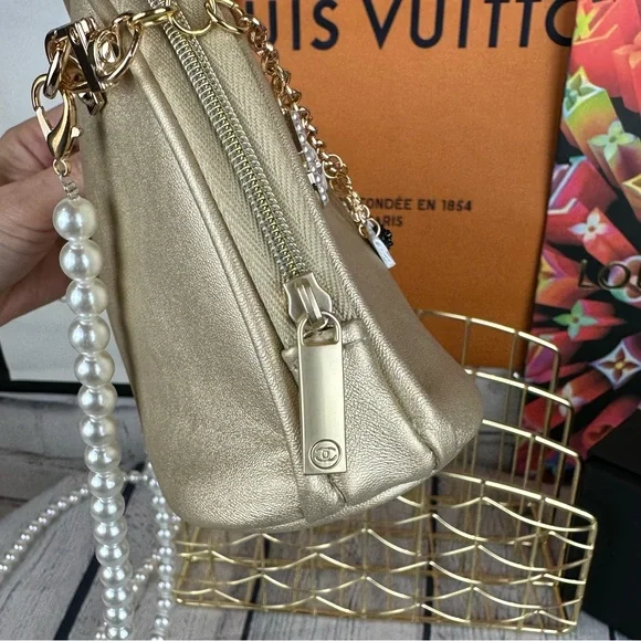 CHANEL gold metallic Crossbody pouch with bag charm and pearl chain - Picture 13 of 16
